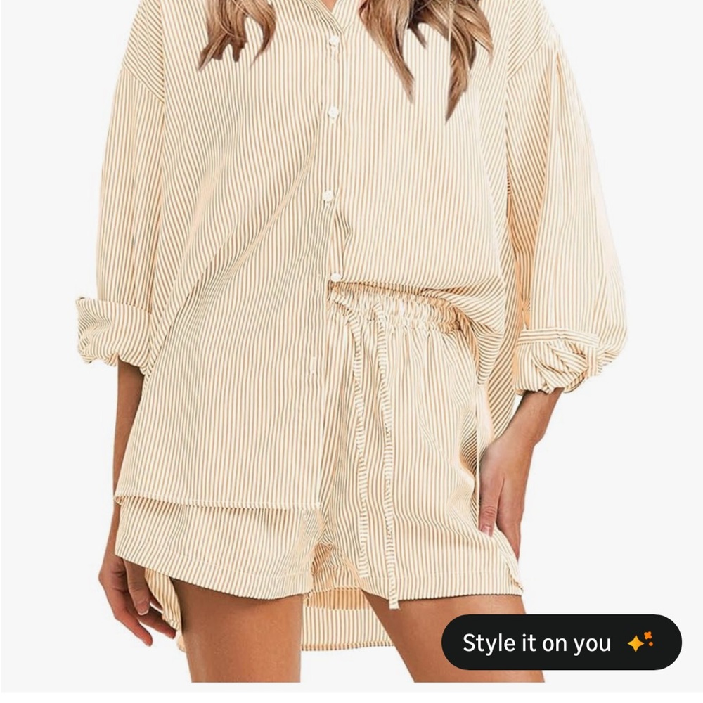 Orange and white Striped Button-Up Shirt and Shorts Set